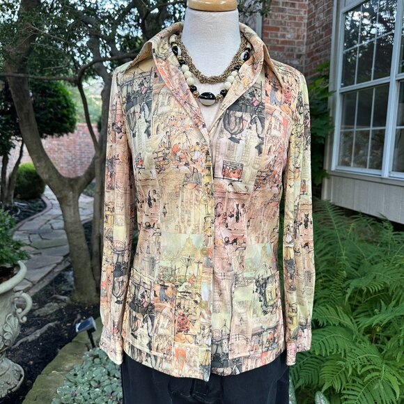 Vintage Jonathan Logan Long Sleeve Button Up Circus Vaudeville Print Sz SM - Picture 1 of 10